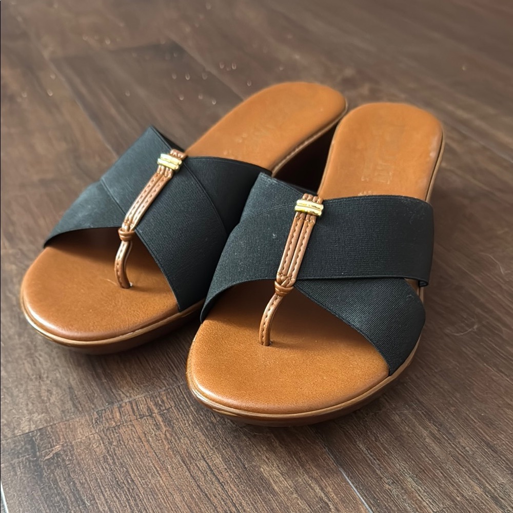 Black and Tan Flat Sandals with Gold Hardware